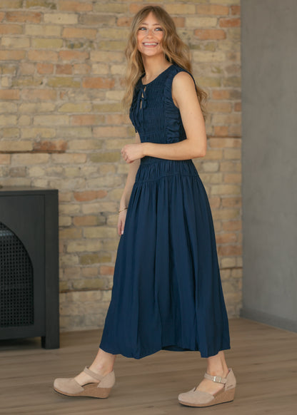 Shirred Front Tie Smocked Maxi Dress FF Dresses