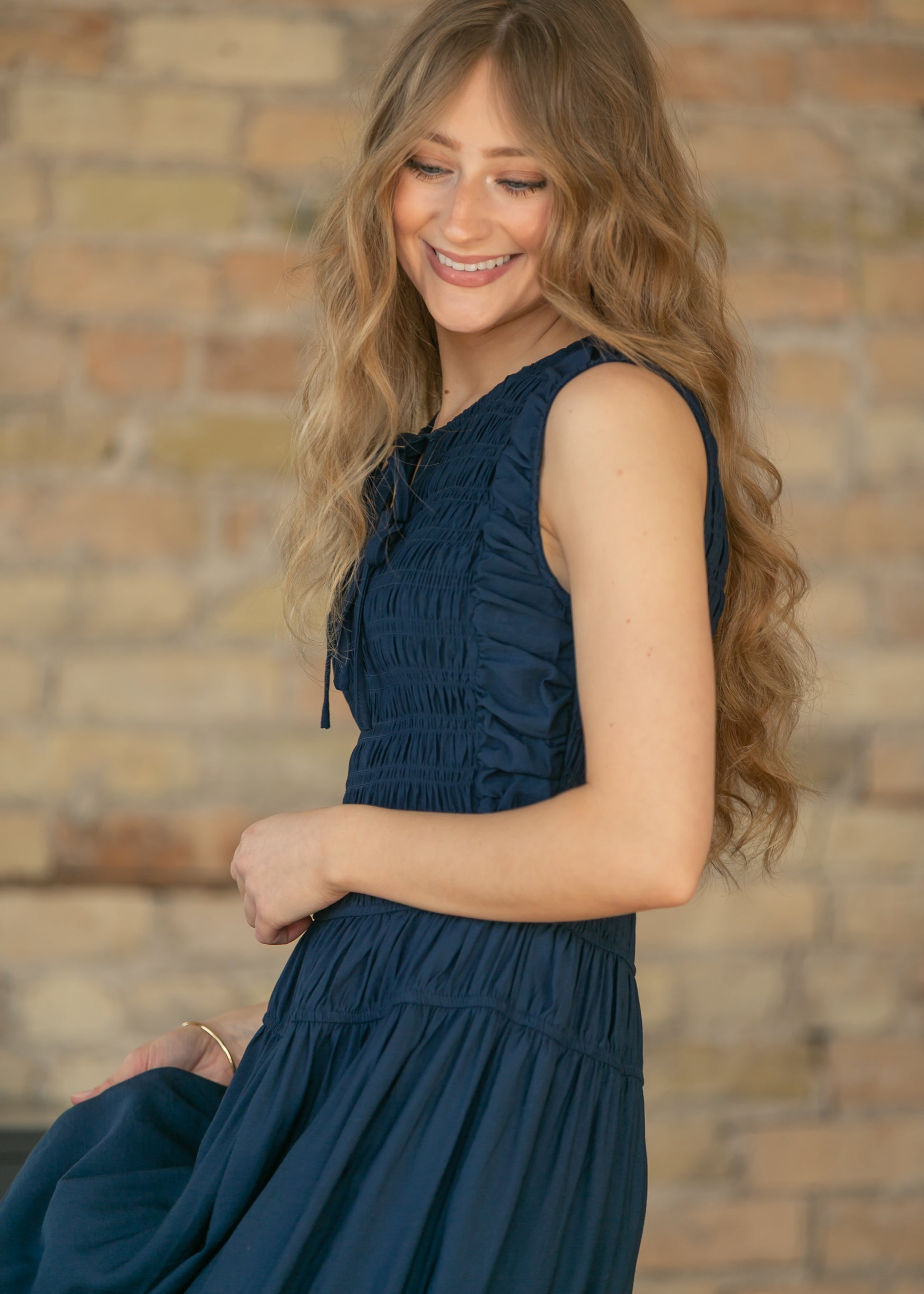 Shirred Front Tie Smocked Maxi Dress FF Dresses