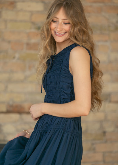 Shirred Front Tie Smocked Maxi Dress FF Dresses