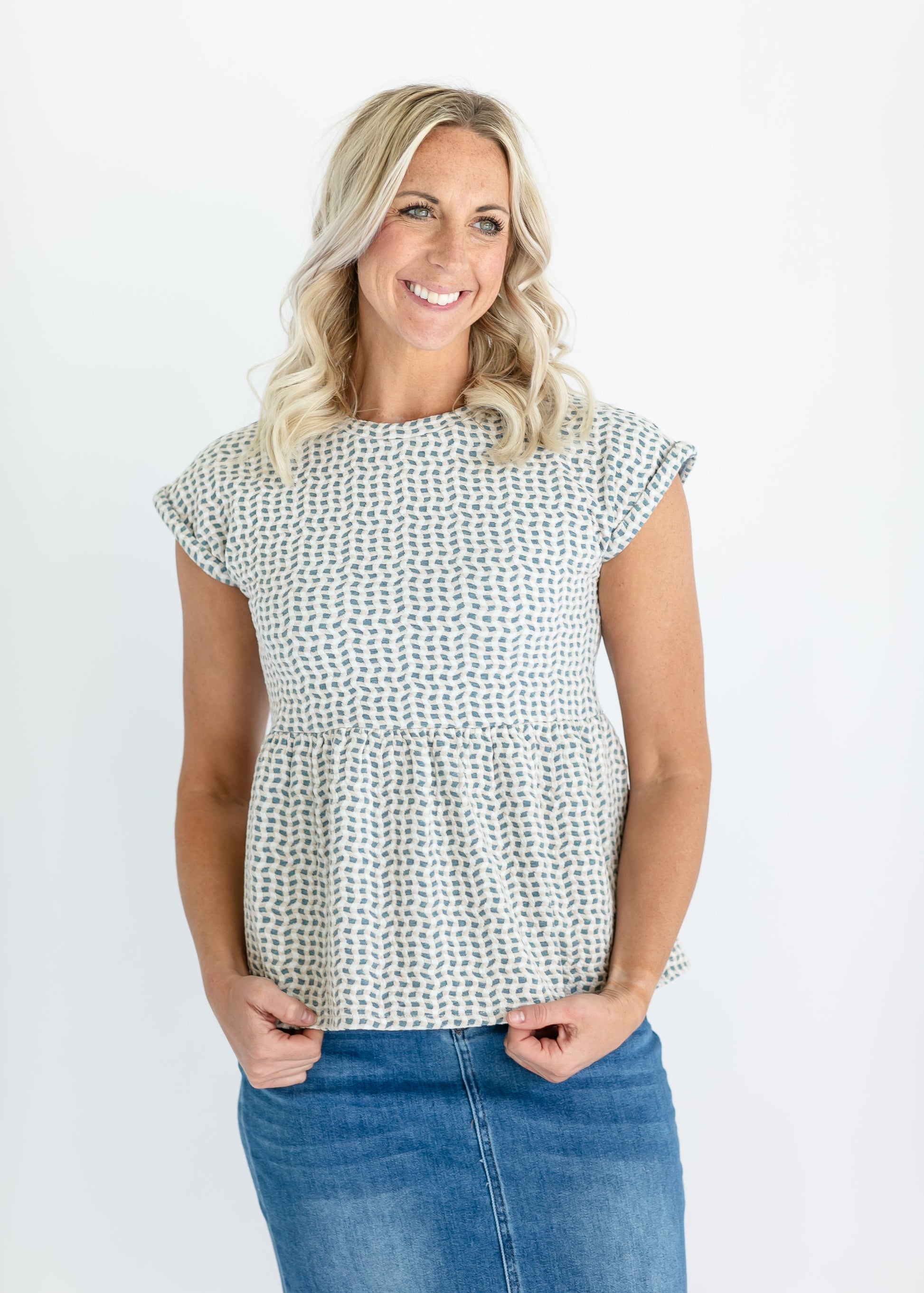 Short Sleeve Blue Peplum Top FF Tops