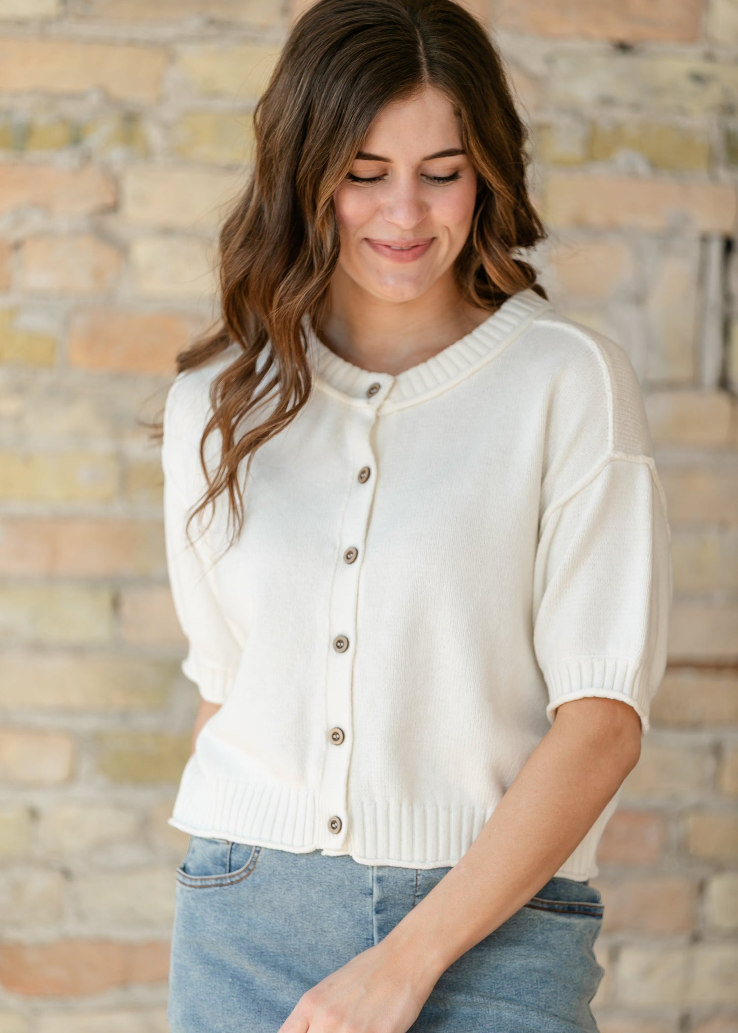 Short Sleeve Button Down Cream Cardigan FF Layering Essentials