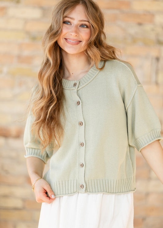 Short Sleeve Button Down Light Olive Cardigan FF Layering Essentials