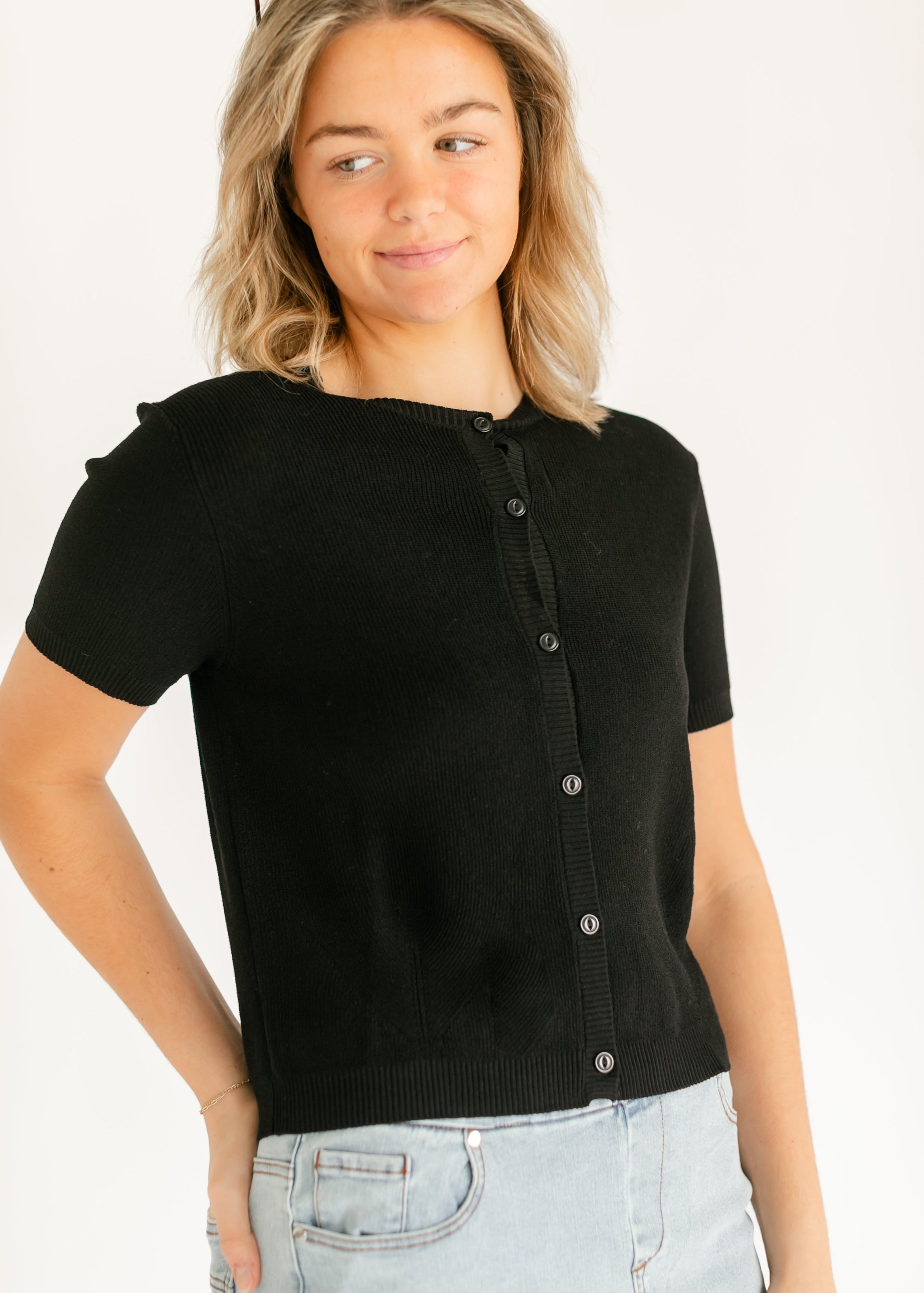 Short Sleeve Button Up Knit Cardigan FF Layering Essentials Black / XS