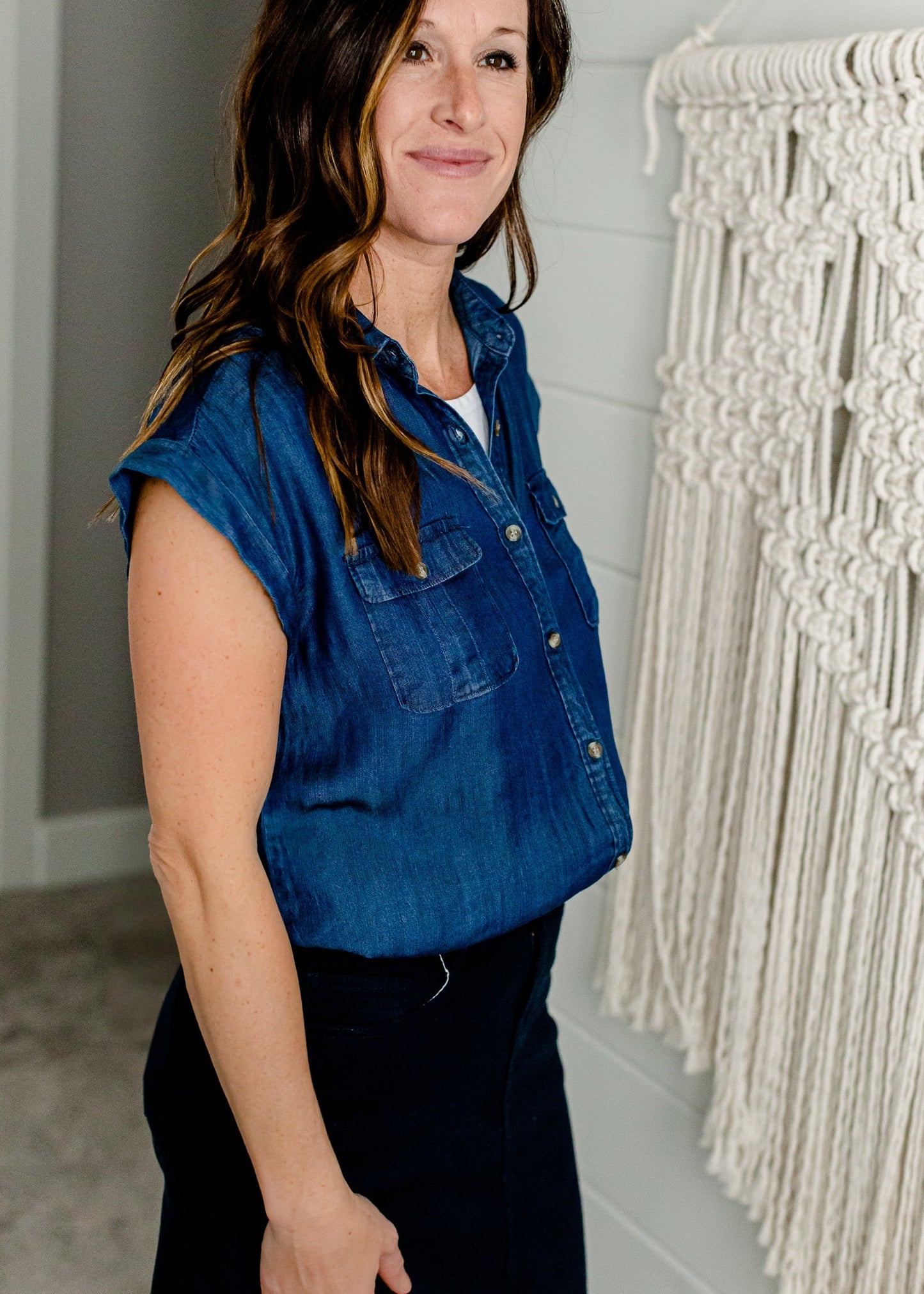 Short Sleeve Chambray Button Up Top Tops