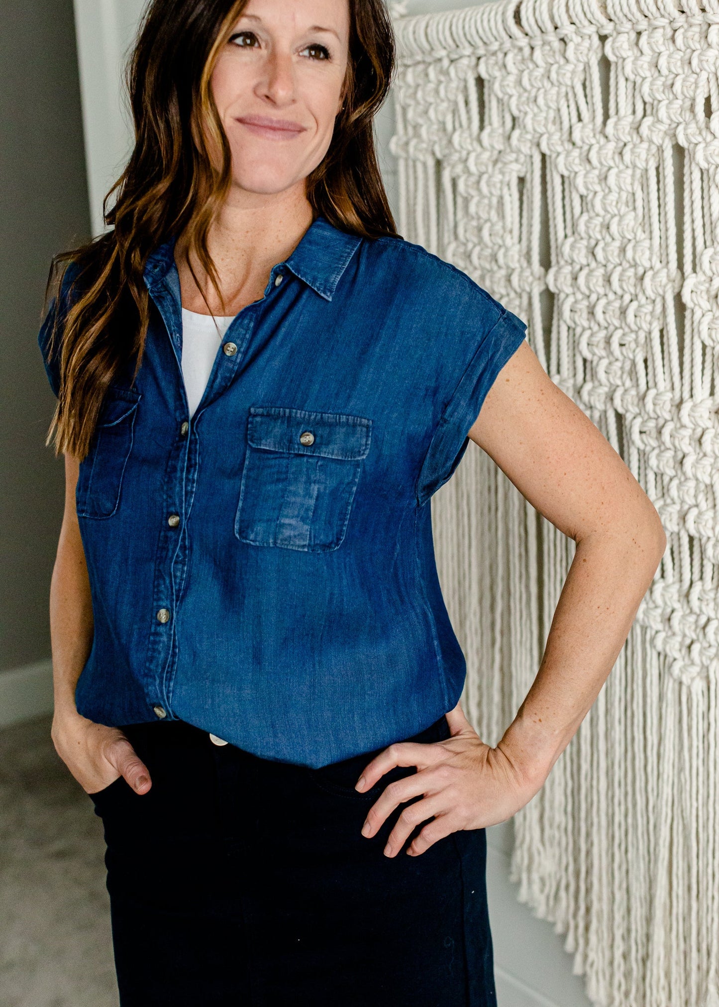 Short Sleeve Chambray Button Up Top Tops