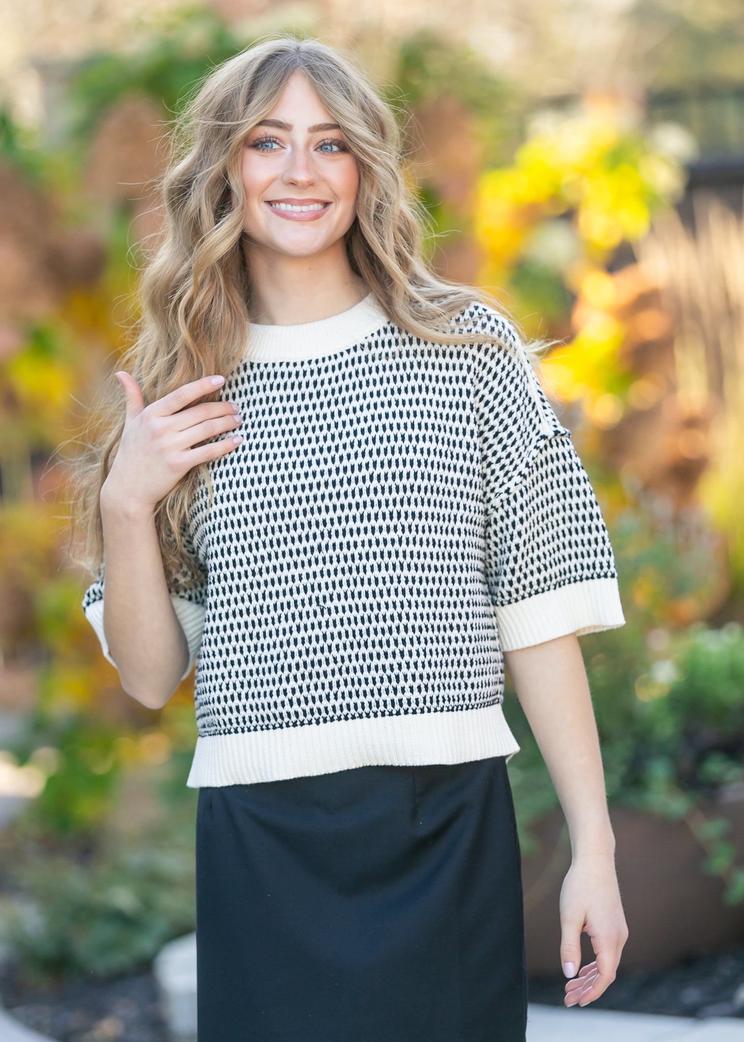 Short Sleeve Drop Shoulder Knit Top FF Tops