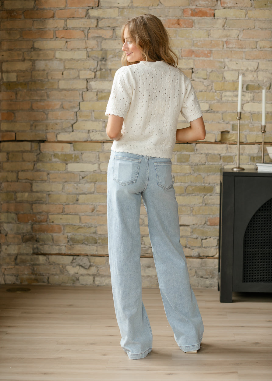 Short Sleeve Ivory Knit Cardigan FF Tops