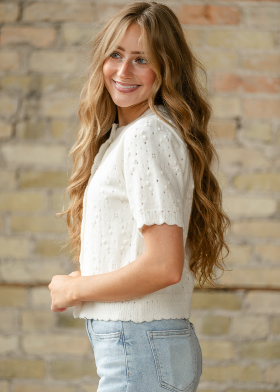 Short Sleeve Ivory Knit Cardigan FF Tops