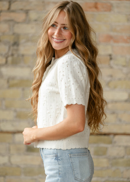 Short Sleeve Ivory Knit Cardigan FF Tops