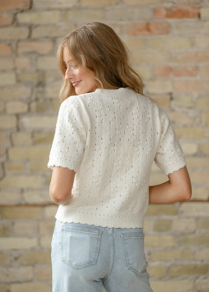 Short Sleeve Ivory Knit Cardigan FF Tops