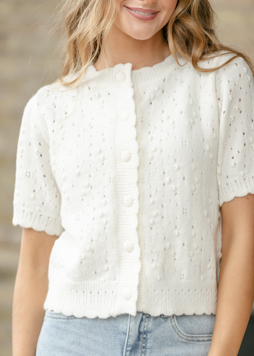 Short Sleeve Ivory Knit Cardigan FF Tops S