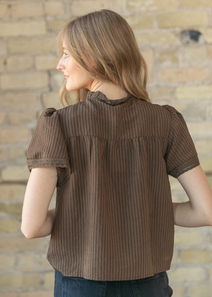 Short Sleeve Lace Detail Tie Front Top FF Tops