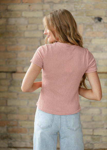 Short Sleeve Mauve Smocked Top FF Tops