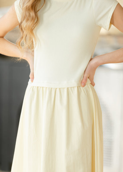 Short Sleeve Mixed Media Midi Dress FF Dresses