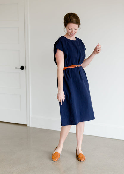 Short Sleeve Navy Cotton Midi Dress - FINAL SALE Dresses