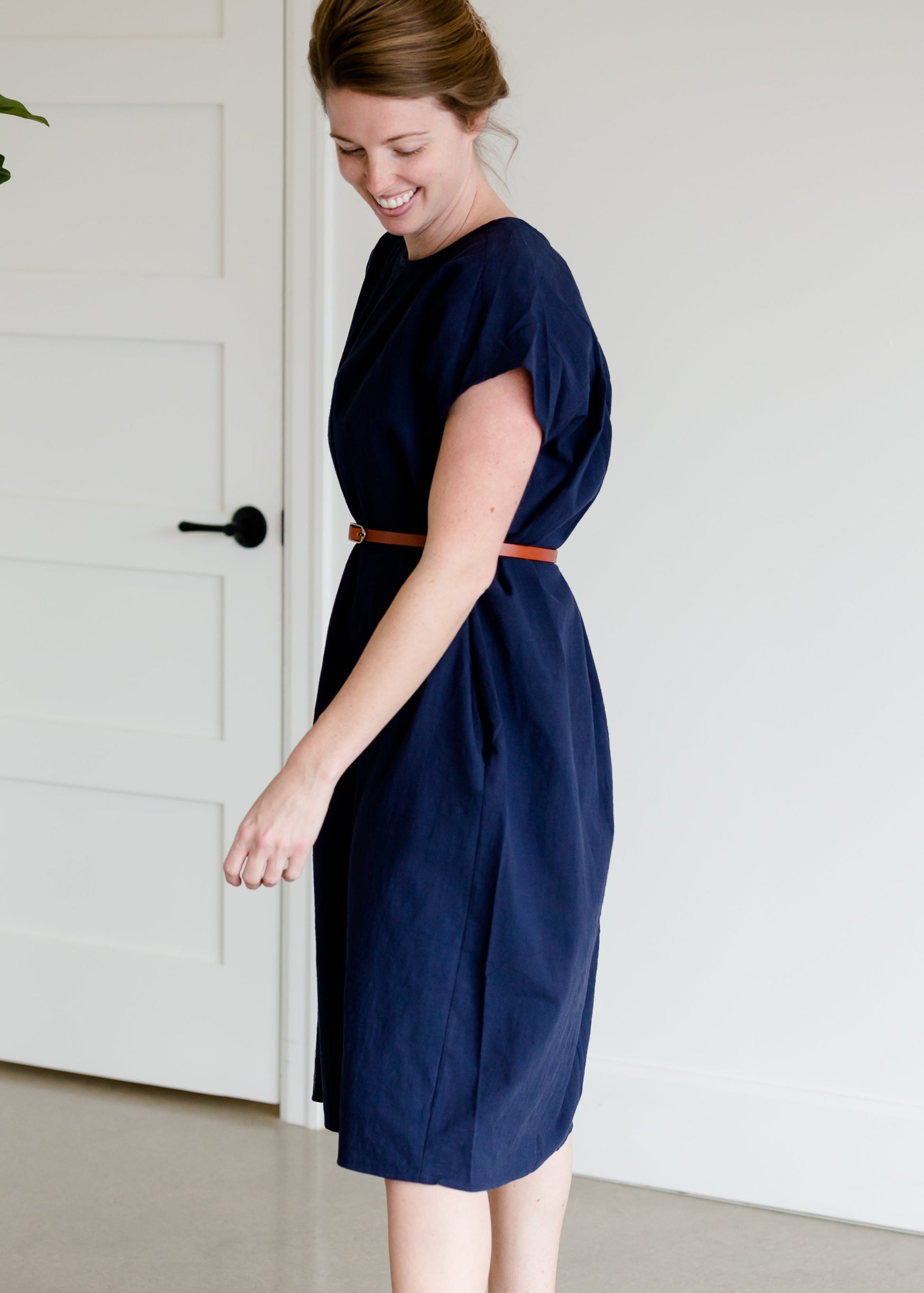 Short Sleeve Navy Cotton Midi Dress - FINAL SALE Dresses