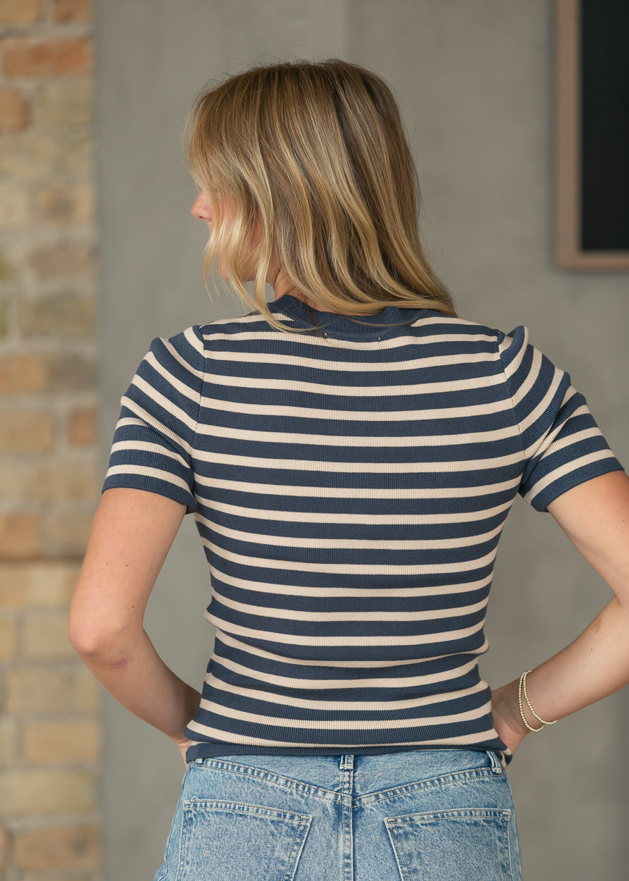 Short Sleeve Navy Stiped Sweater FF Tops