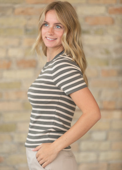 Short Sleeve Olive Striped Sweater FF Tops