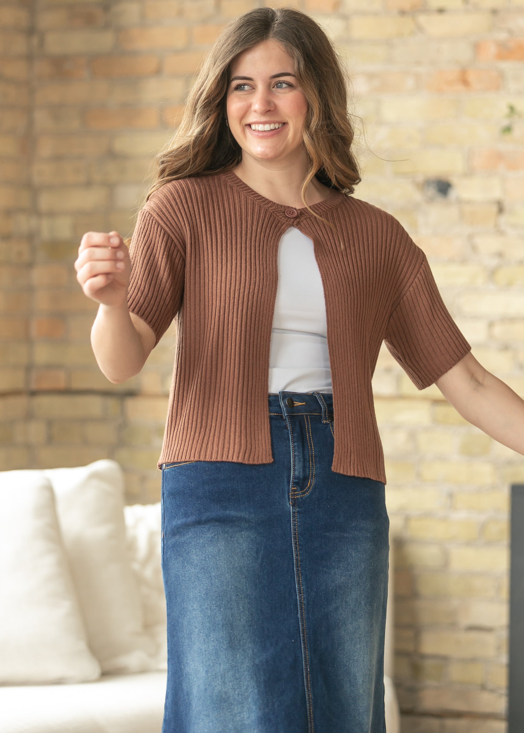 Short Sleeve Single Button Cardigan FF Tops