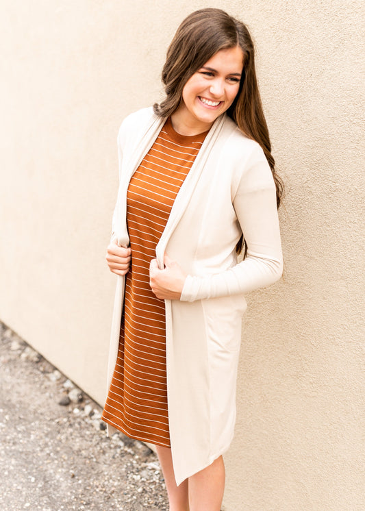 Short Sleeve Striped T-shirt Midi Dress Dresses Camel / S