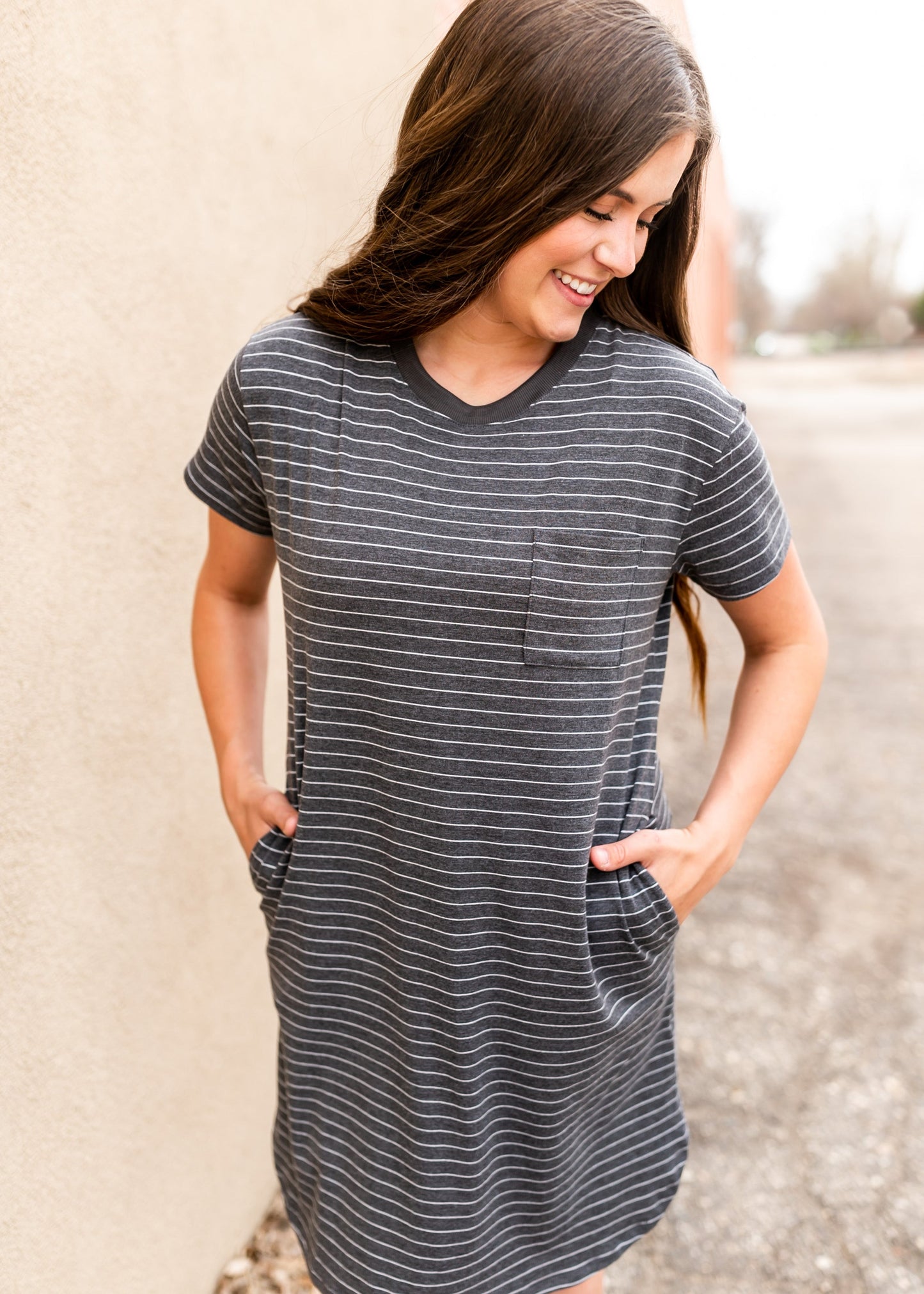 Short Sleeve Striped T-shirt Midi Dress Dresses Charcoal / S