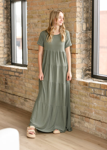 Short Sleeve Tiered Maxi Dress FF Dresses Olive / S