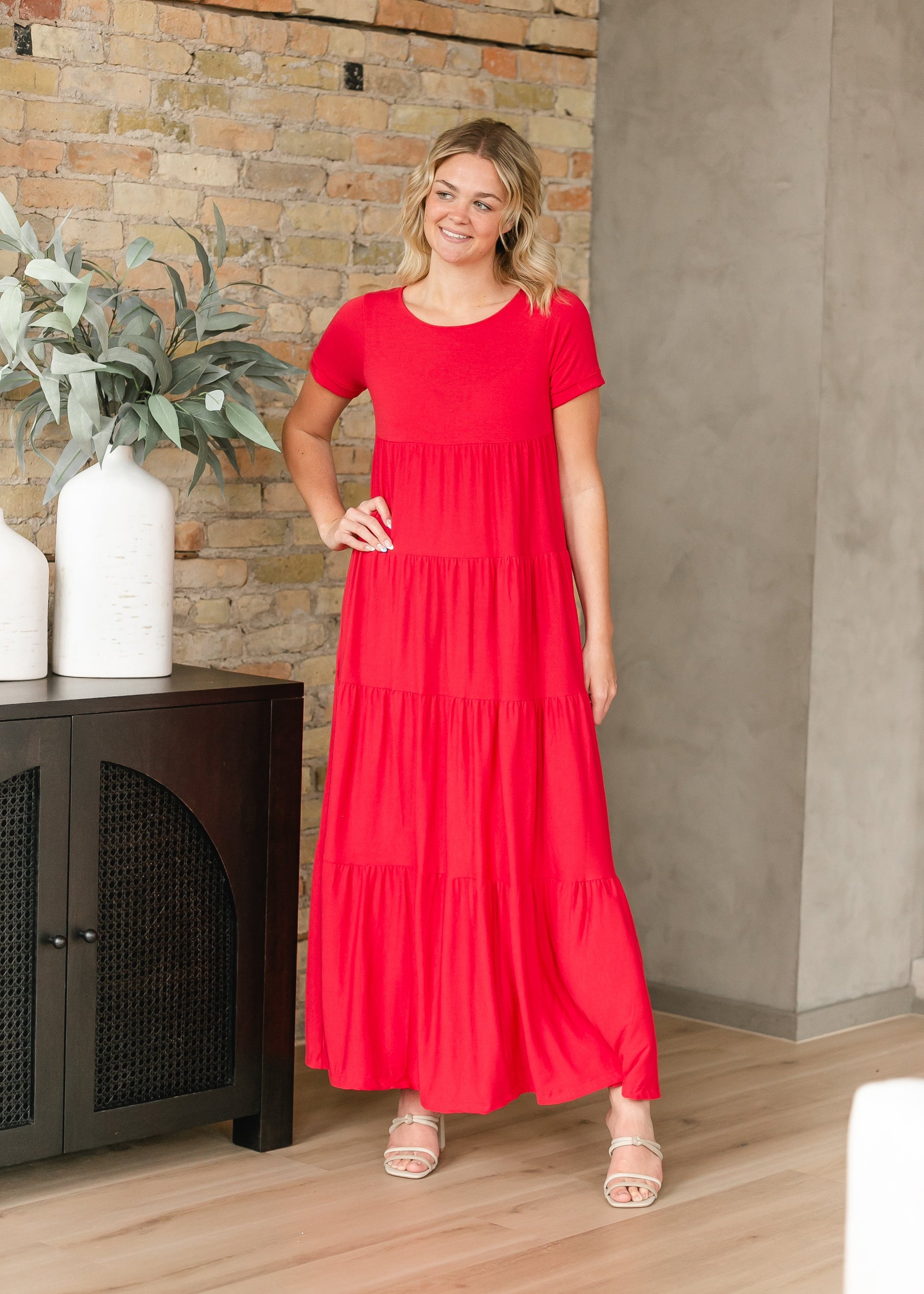 Short Sleeve Tiered Maxi Dress FF Dresses Red / S