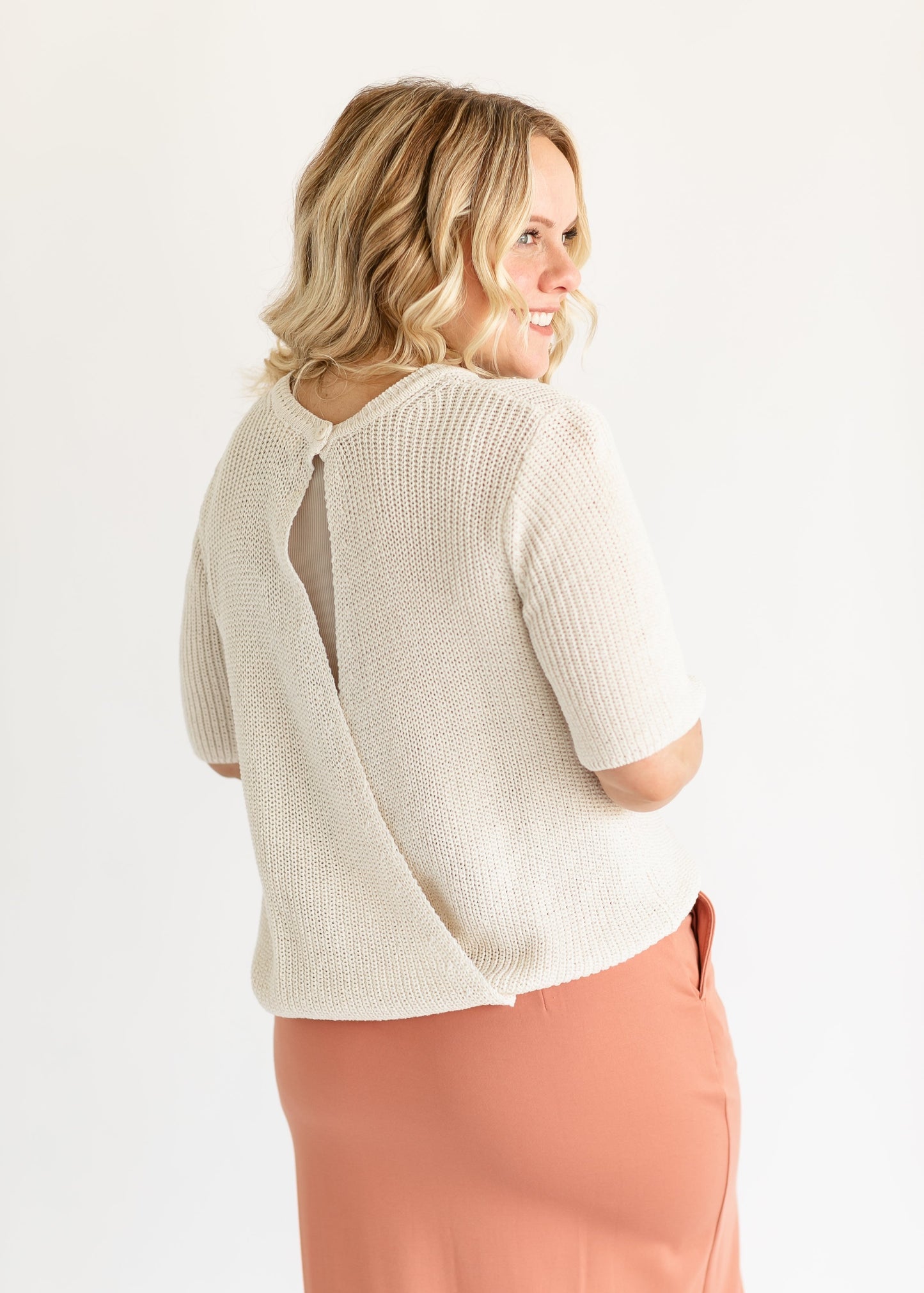 Short Sleeve Wrap Back Knit Sweater FF Tops