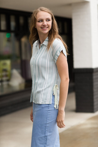 Side Tie Striped Button Up Top - FINAL SALE Tops