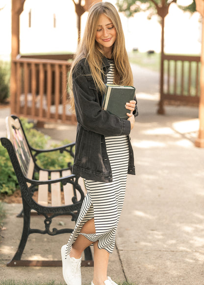 Sleeveless Black Stripe Knit Maxi Dress FF Dresses