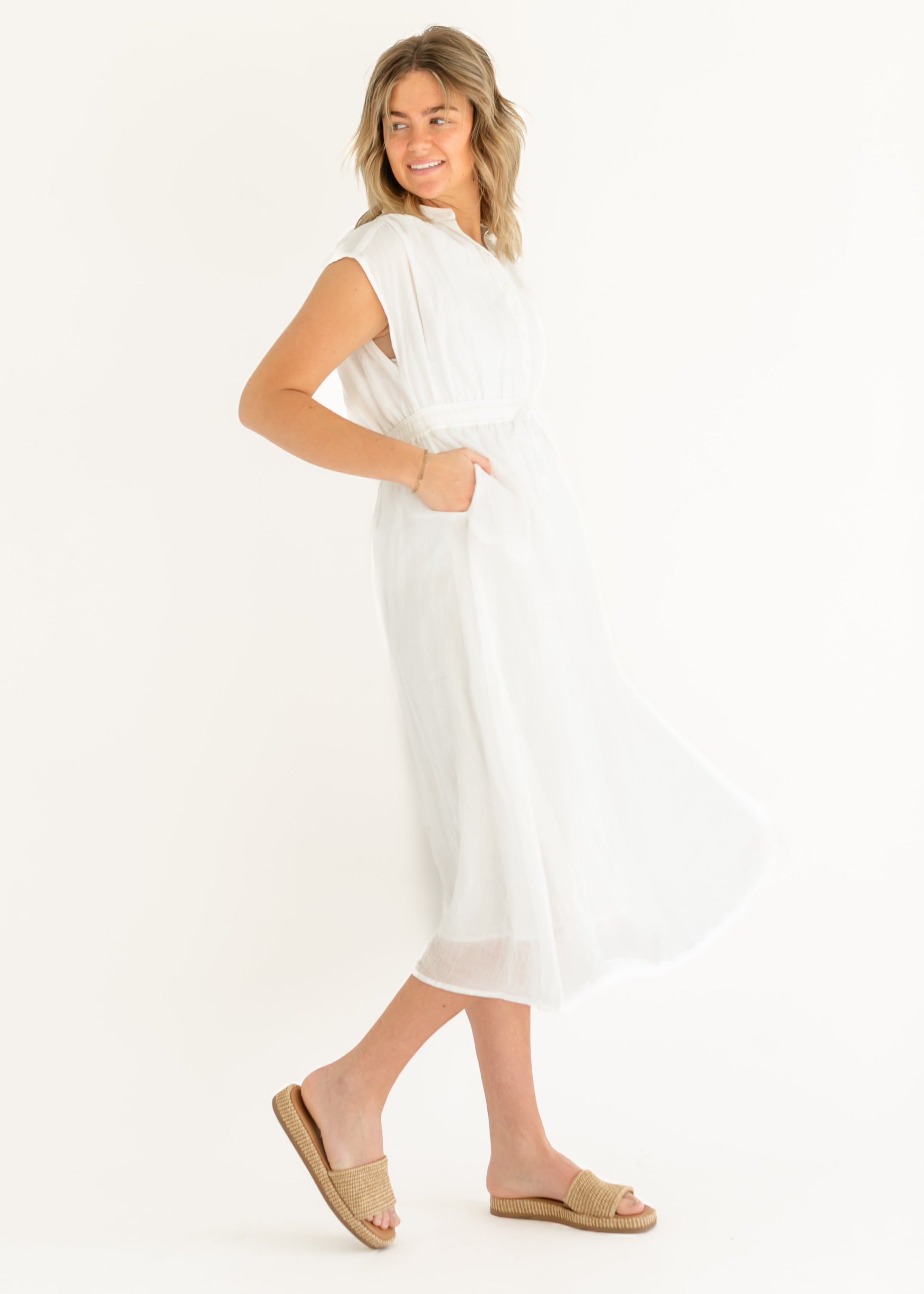 Sleeveless Button Front Tie Waist Maxi Dress FF Dresses