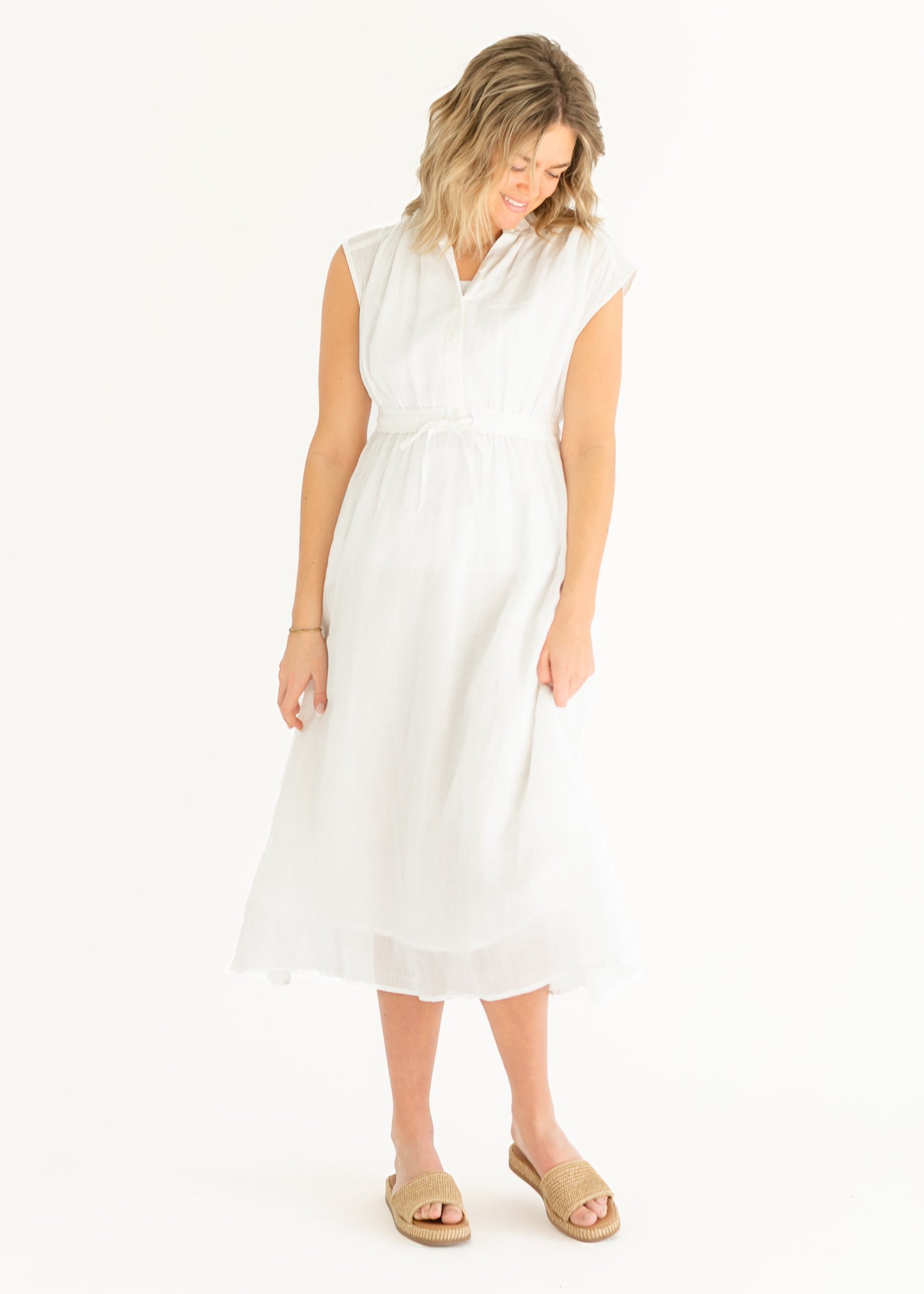 Sleeveless Button Front Tie Waist Maxi Dress FF Dresses