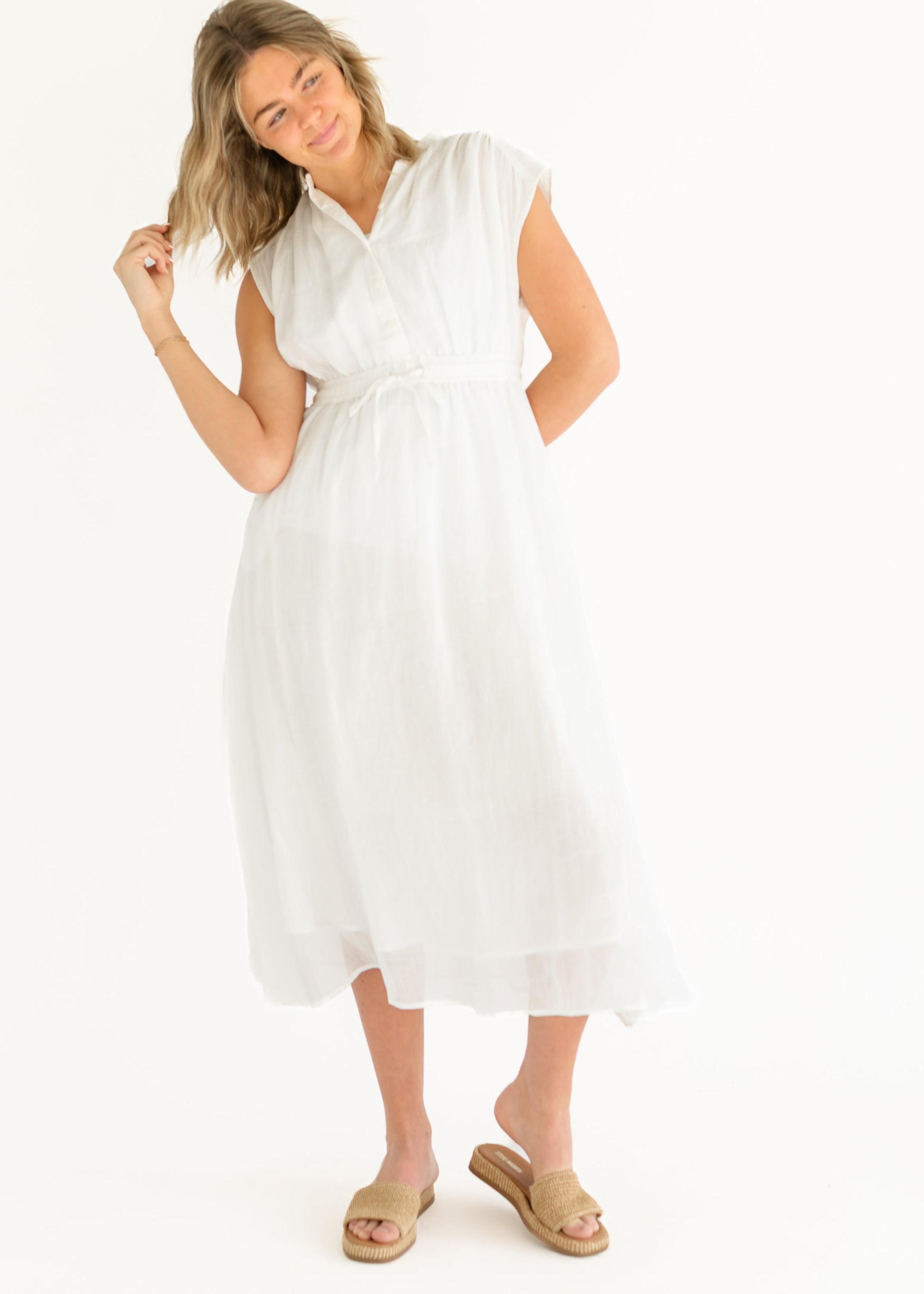 Sleeveless Button Front Tie Waist Maxi Dress FF Dresses
