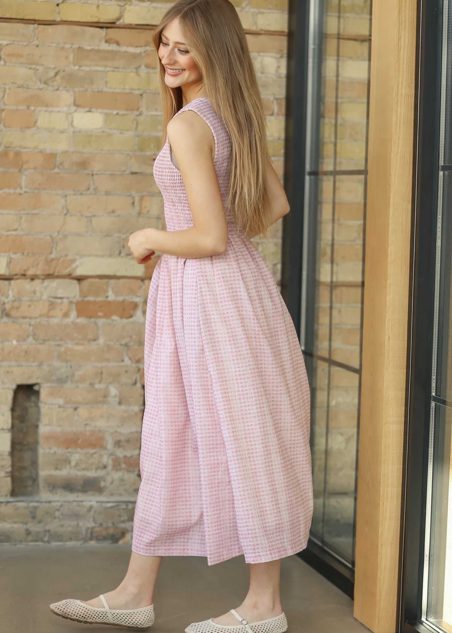 Sleeveless Gingham Smocked Top Maxi Dress FF Dresses