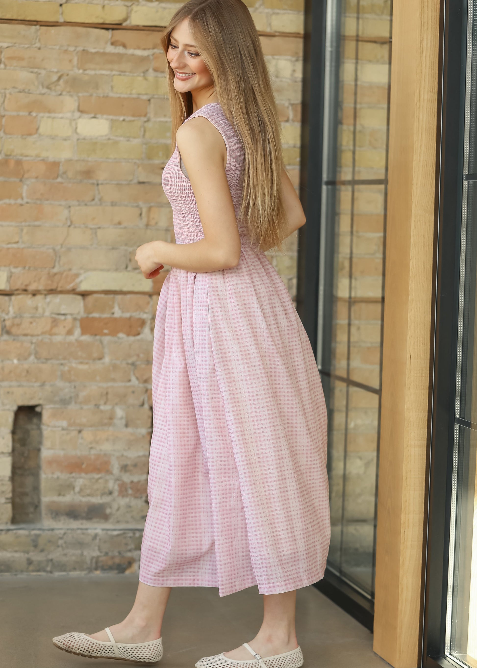 Sleeveless Gingham Smocked Top Maxi Dress FF Dresses