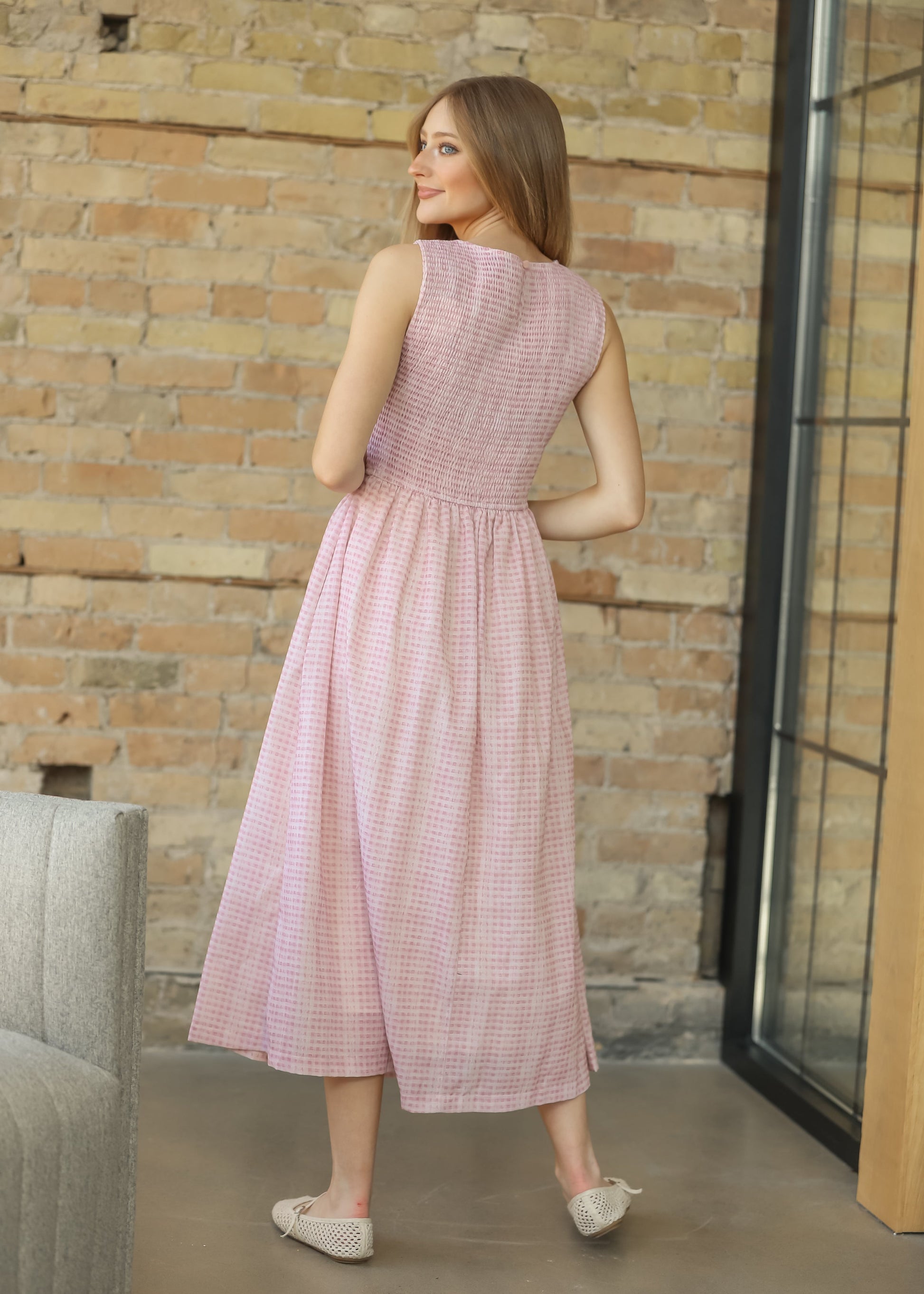 Sleeveless Gingham Smocked Top Maxi Dress FF Dresses
