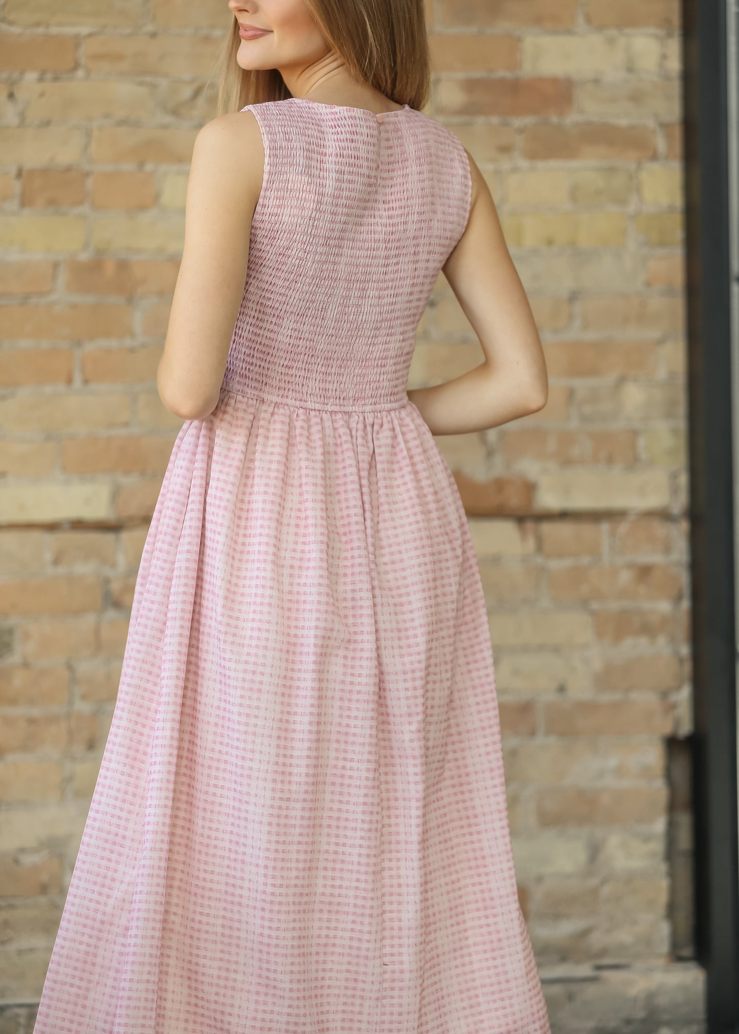 Sleeveless Gingham Smocked Top Maxi Dress FF Dresses