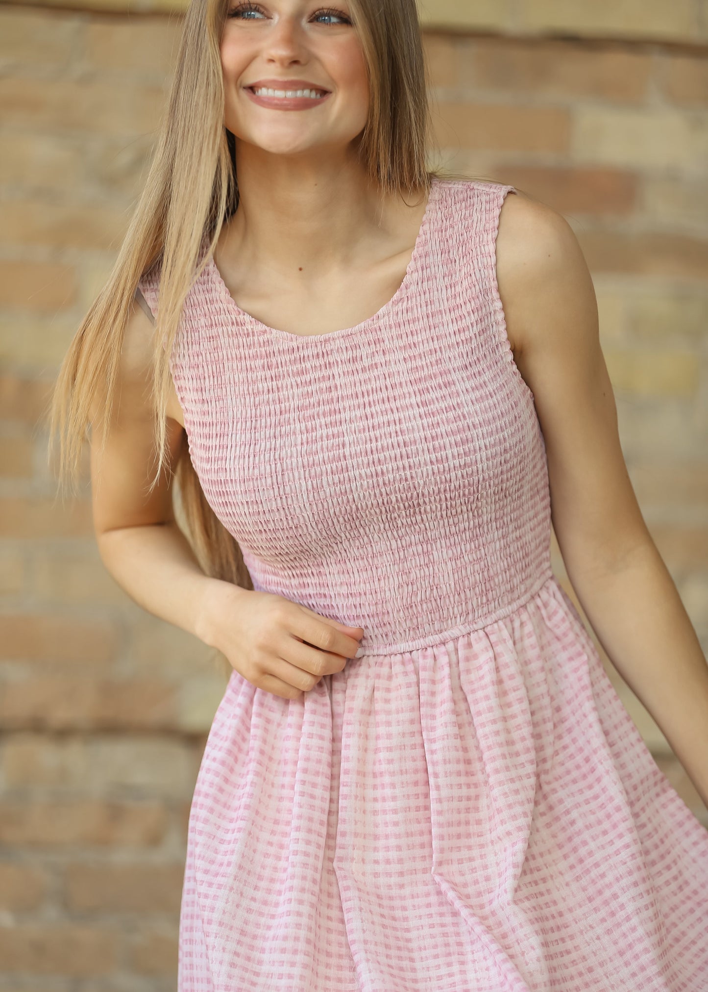 Sleeveless Gingham Smocked Top Maxi Dress FF Dresses