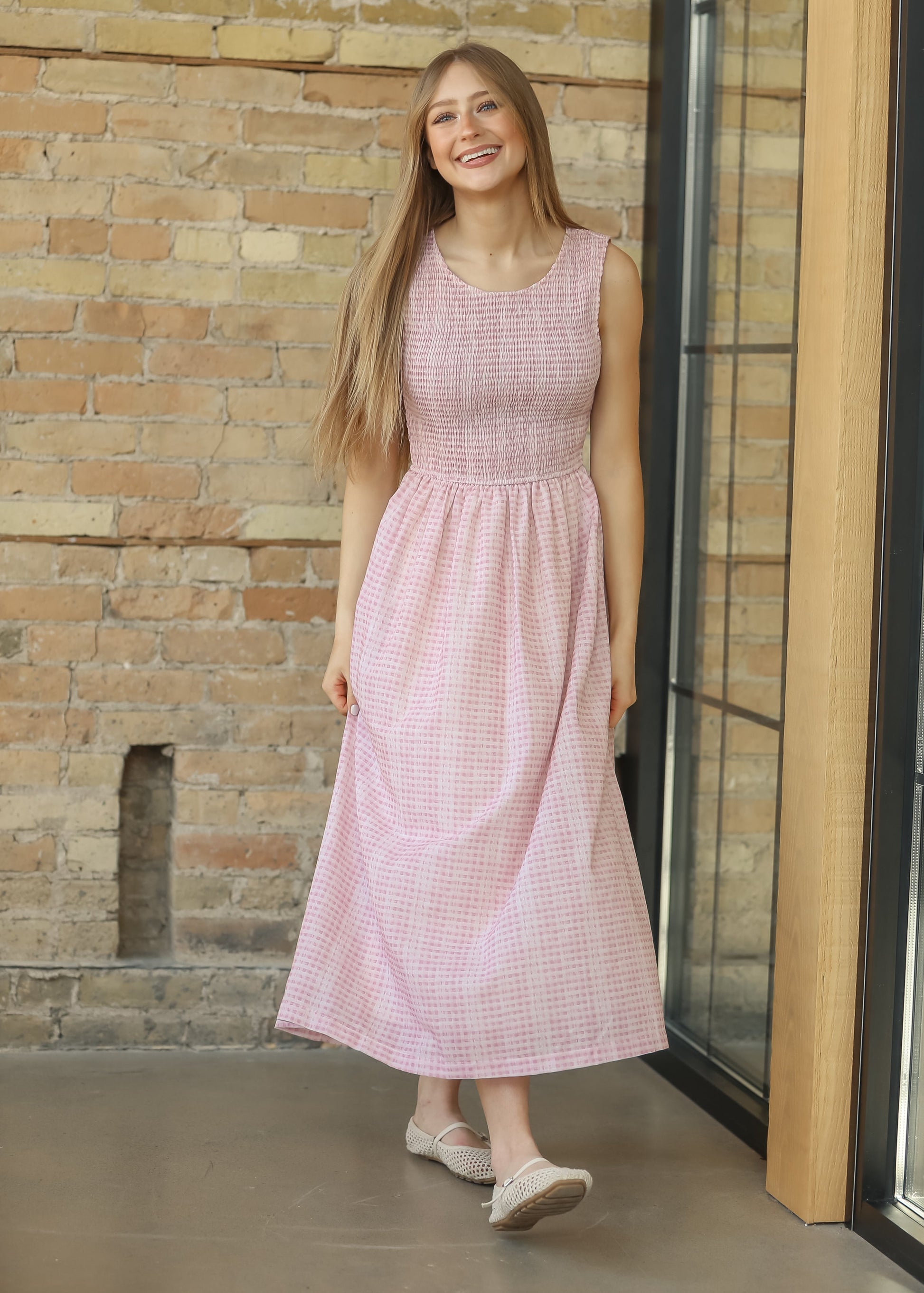 Sleeveless Gingham Smocked Top Maxi Dress FF Dresses