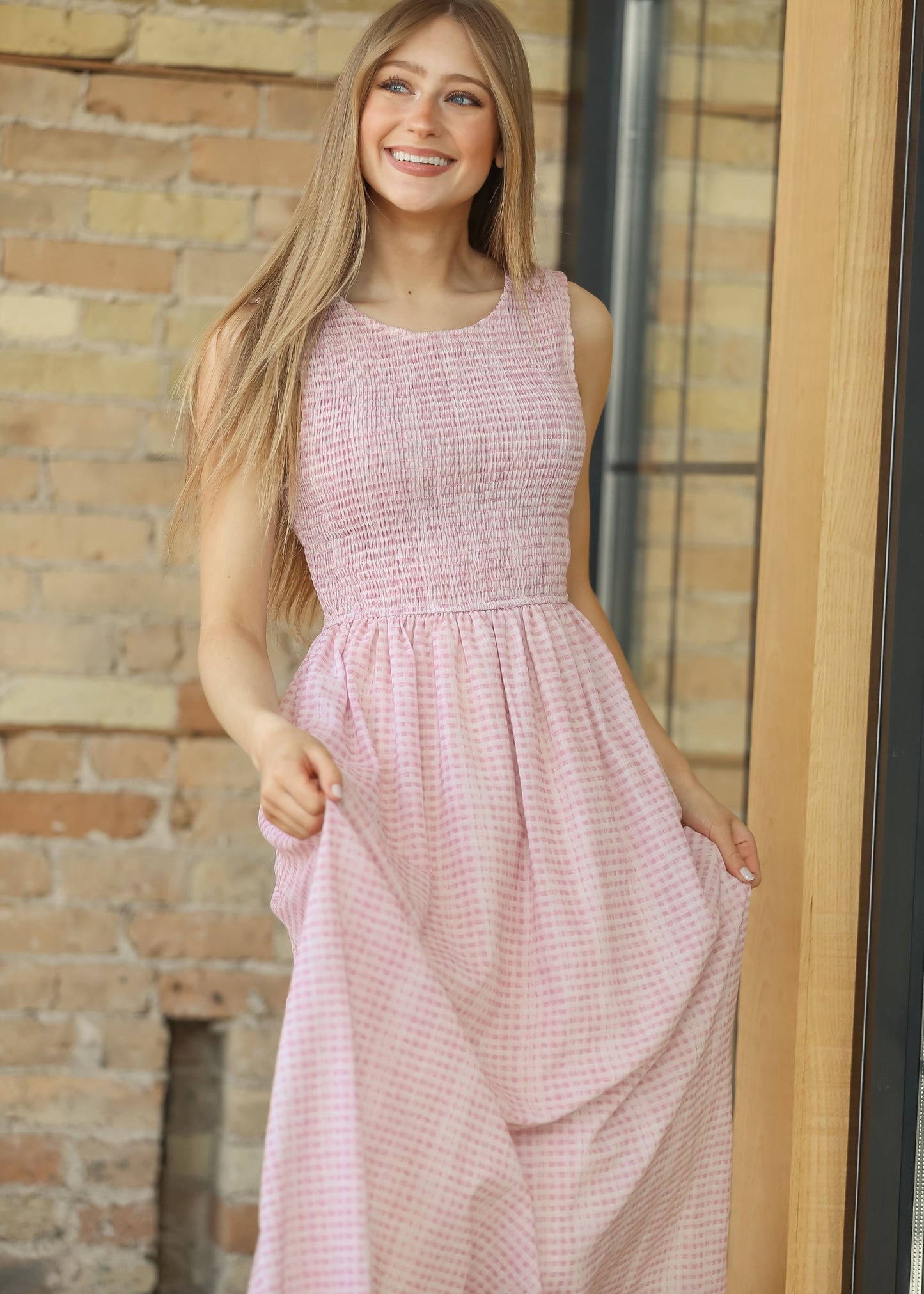 Sleeveless Gingham Smocked Top Maxi Dress FF Dresses