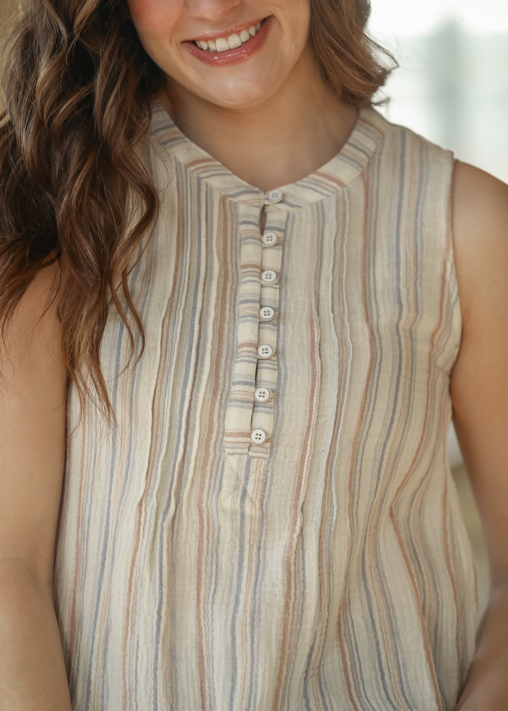 Sleeveless Half Button Woven Gauze Top FF Tops