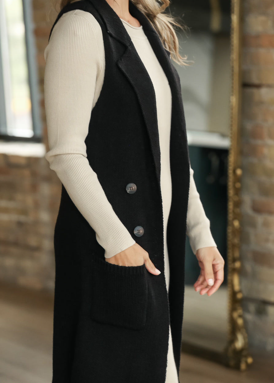 Sleeveless Notched Collar Long Sweater Vest FF Layering Essentials
