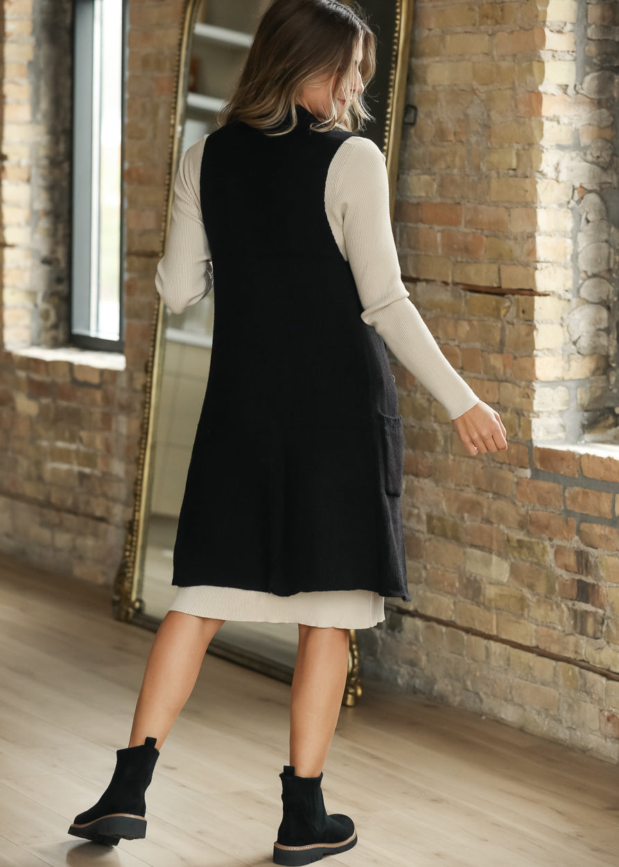 Sleeveless Notched Collar Long Sweater Vest FF Layering Essentials