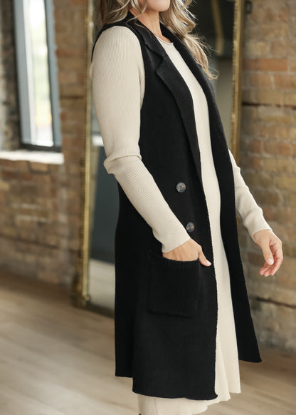 Sleeveless Notched Collar Long Sweater Vest FF Layering Essentials