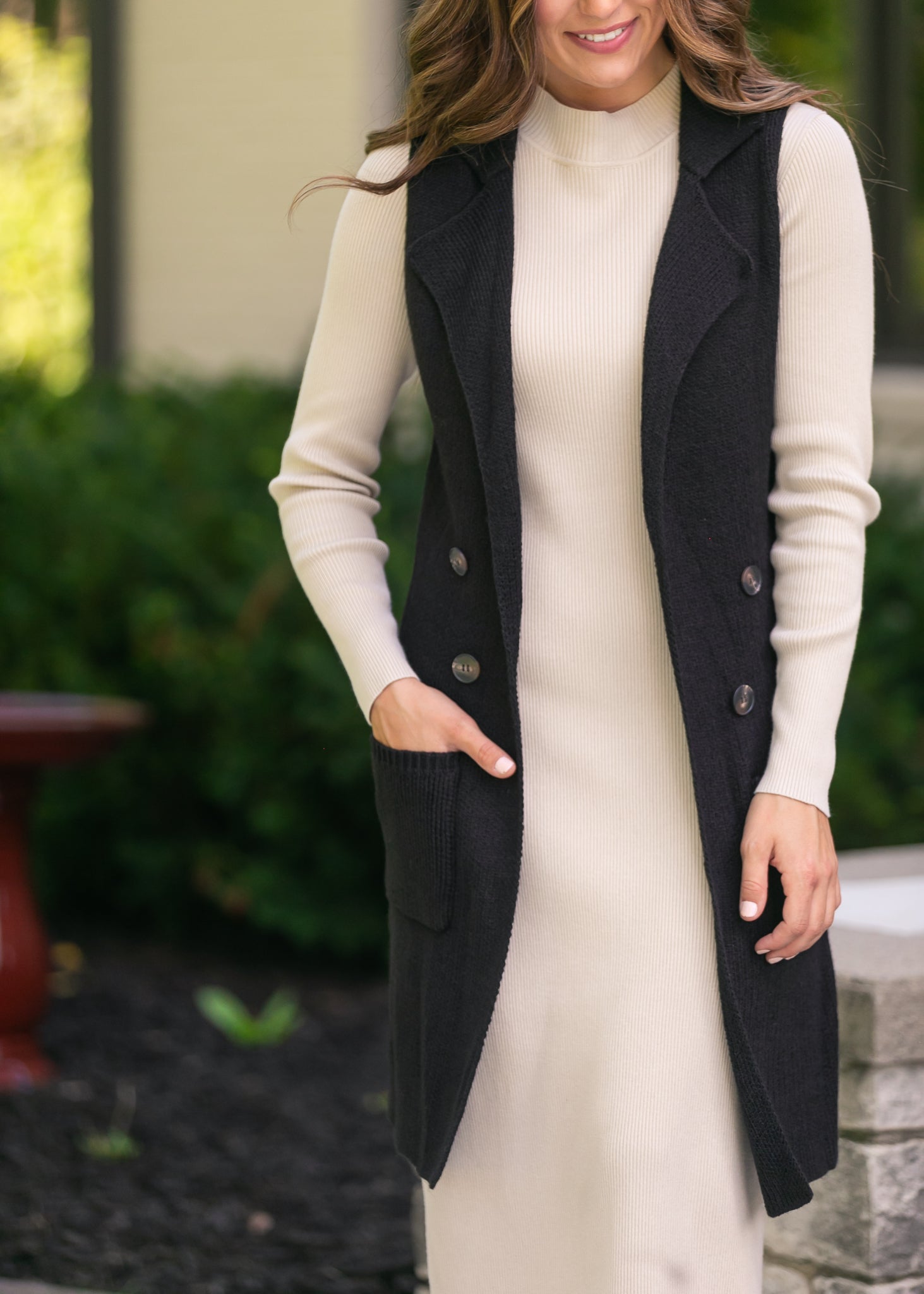 Sleeveless Notched Collar Long Sweater Vest FF Layering Essentials Black / S