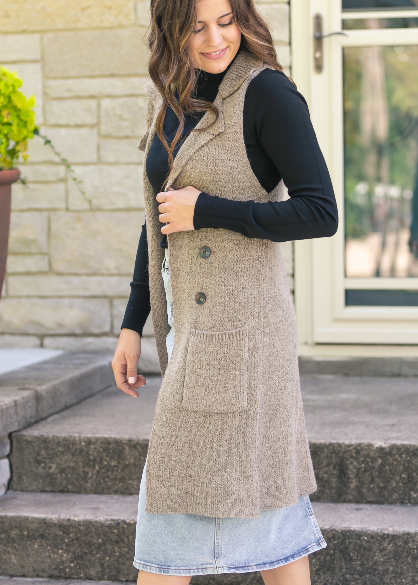 Sleeveless Notched Collar Long Sweater Vest FF Layering Essentials Heather Khaki / S