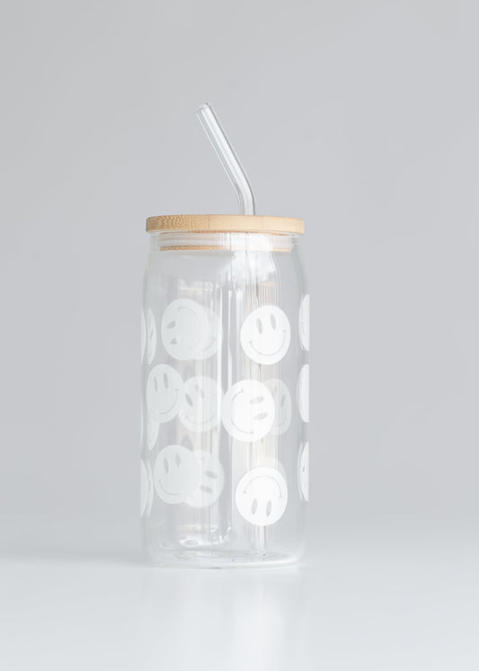 Smiley 17 oz Can Glass with Lid & Straw Gifts