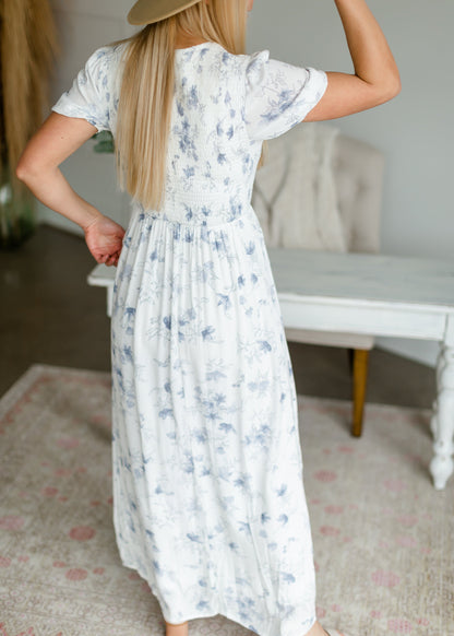 Smocked Blue Floral Maxi Dress Dresses