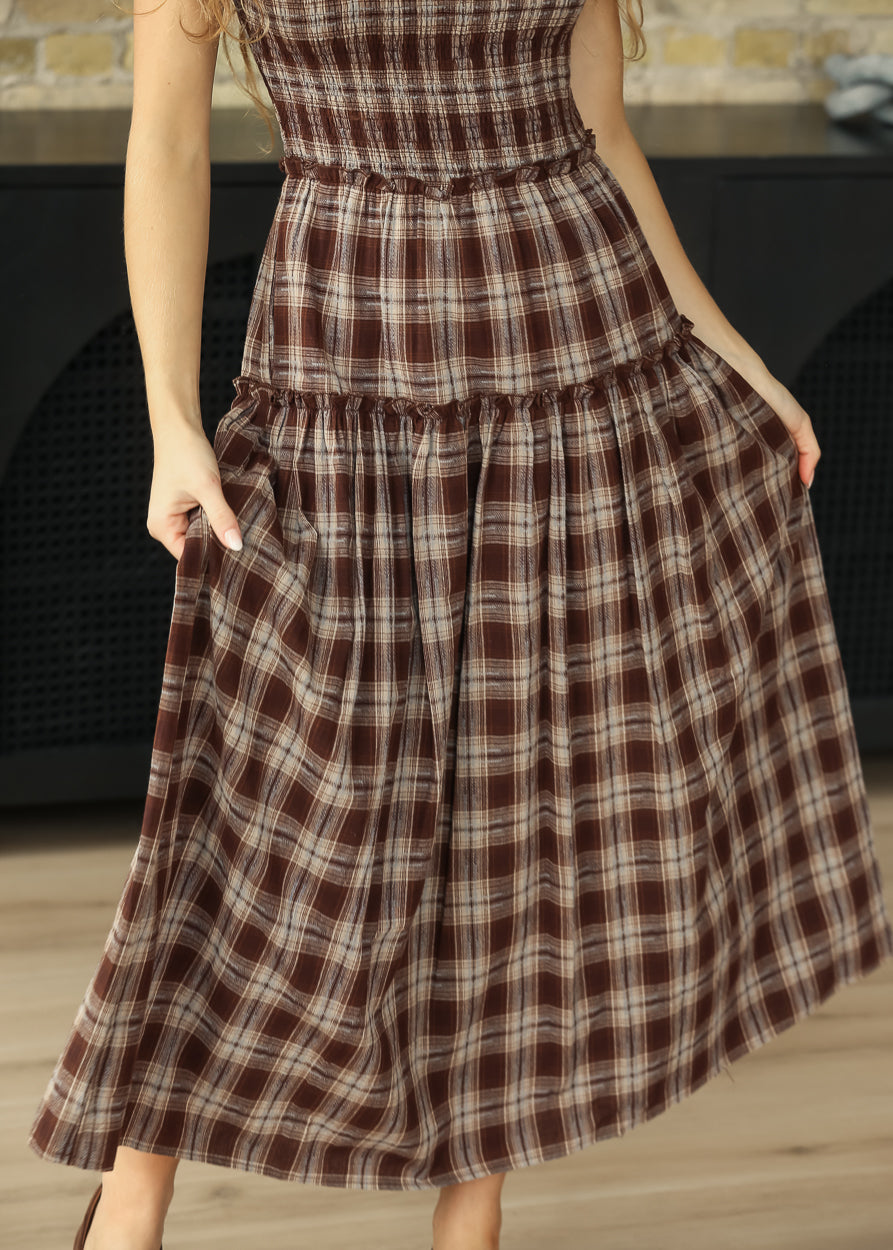 Smocked Brown Plaid Lace Trim Midi Dress FF Dresses