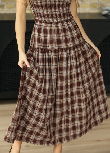 Smocked Brown Plaid Lace Trim Midi Dress FF Dresses
